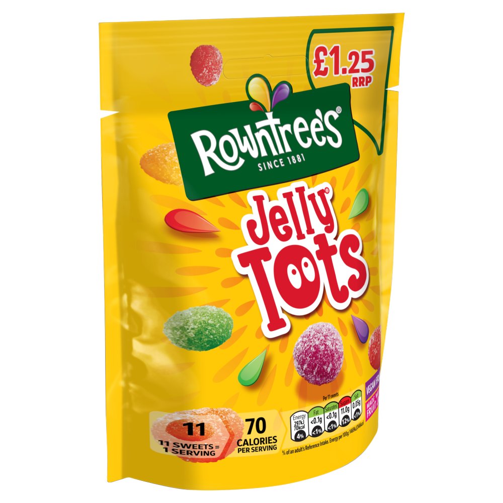 Rowntree’s Jelly Tots vegan 120g pouch, £1.25 RRP, front