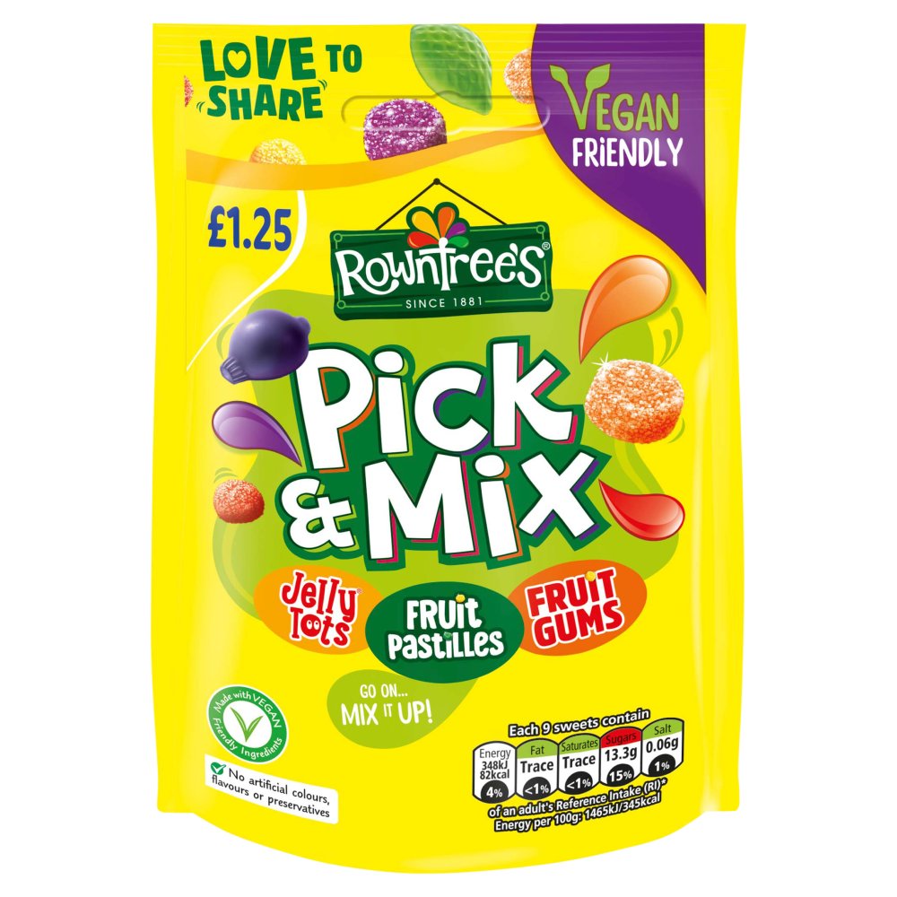 Rowntree’s Pick & Mix vegan 120g pouch, £1.25 price-marked pack, front